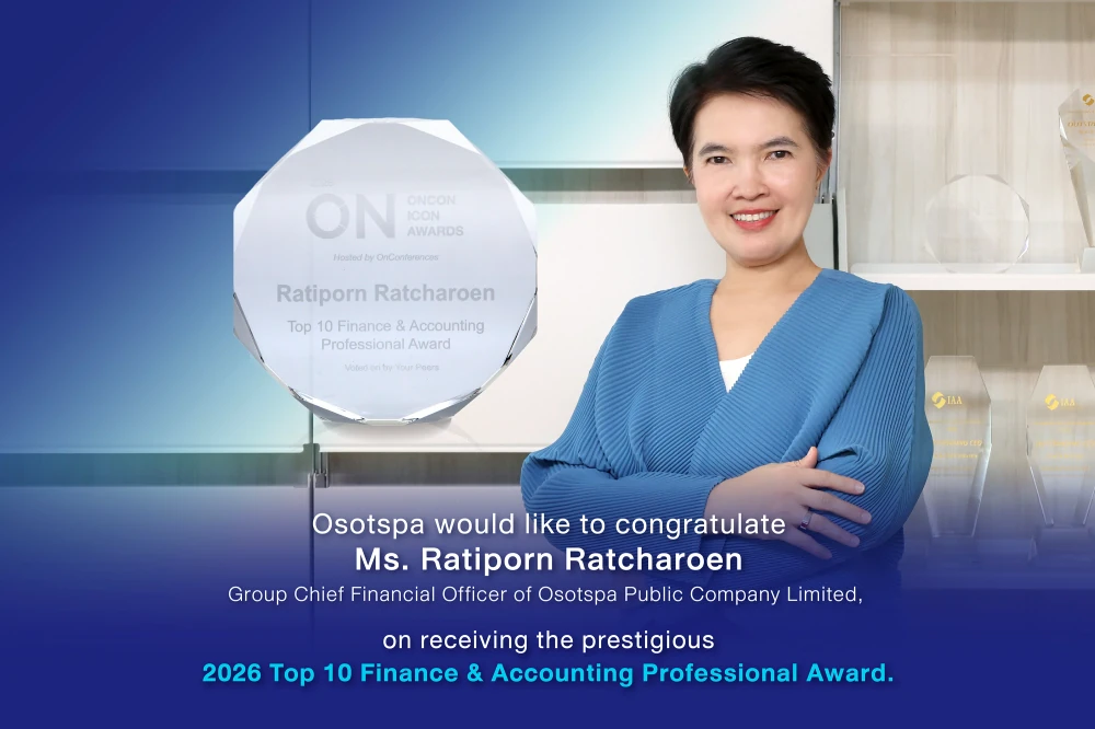 Osotspa would like to congratulate Ms. Ratiporn Ratcharoen, Group Chief Financial Officer of Osotspa Public Company Limited, on receiving the prestigious 2026 Top 10 Finance & Accounting Professional Award