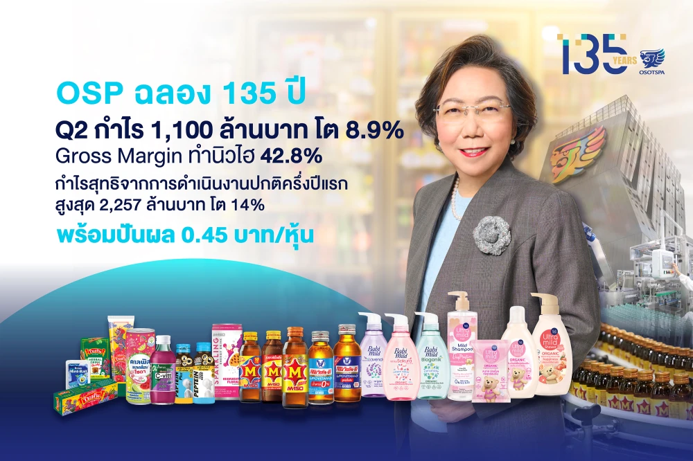 OSP ฉลอง 135 ปี Q2 กำไร 1,100 ล้านบาท โต 8.9% Gross Margin ทำนิวไฮ 42.8%  กำไรสุทธิจากการดำเนินงานปกติครึ่งปีแรกสูงสุด 2,257 ล้านบาท โต 14.0% พร้อมปันผล 0.45 บาท/หุ้น
